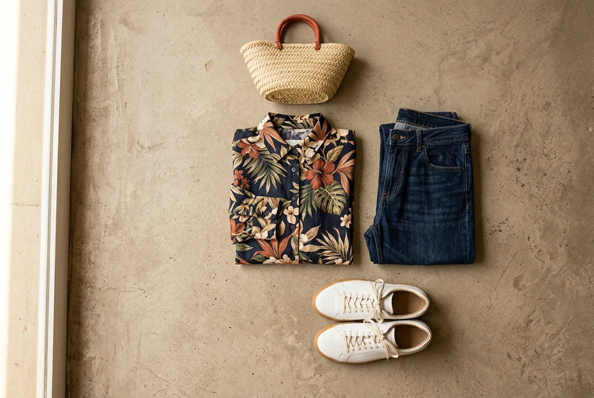 Composição plana de uma blusa com estampa floral e fundo escuro, calça jeans de lavagem escura e um par de tênis de couro brancos sobre um piso de concreto neutro.