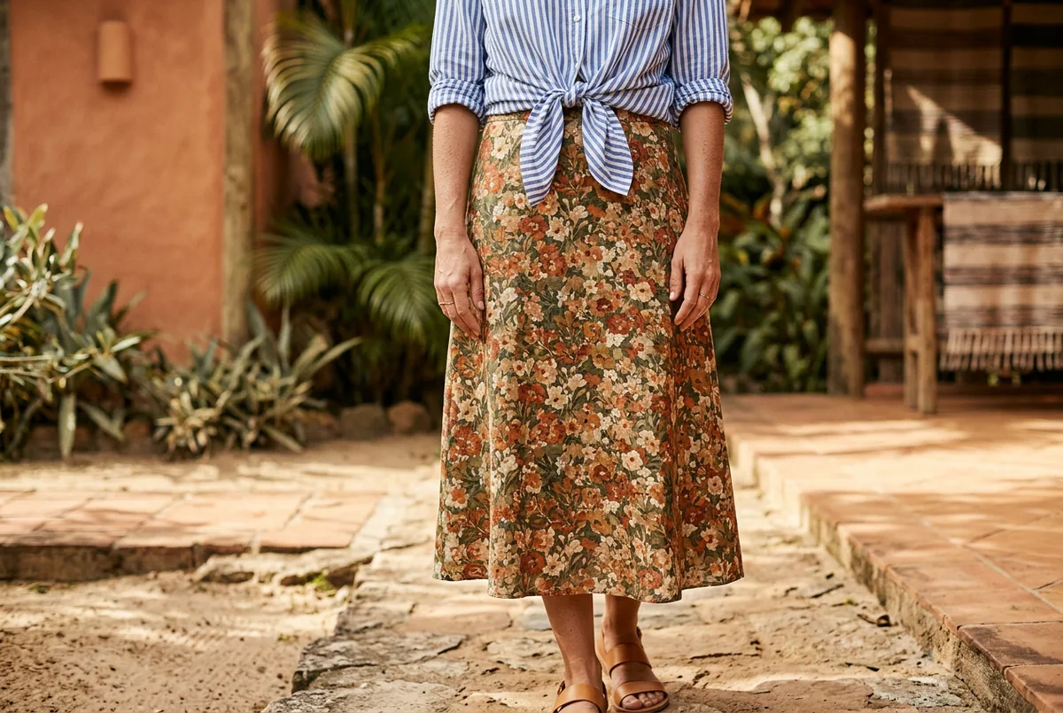 Pessoa com camisa button-down azul e branca listrada, amarrada na cintura, sobre saia midi de estampa floral.