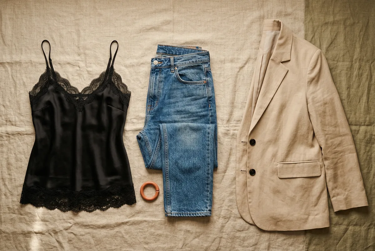 Vista superior de uma camisole de seda preta com acabamento de renda, um jeans azul clássico e um blazer oversized bege em um fundo neutro.