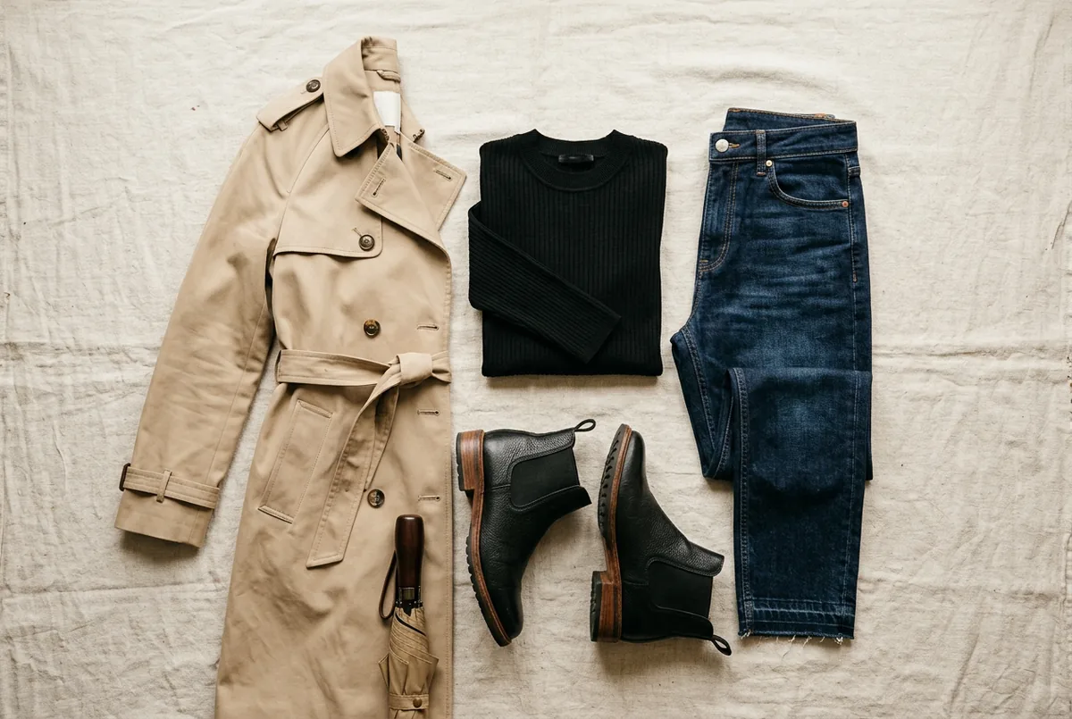 Look feminino para dia chuvoso em flat lay: trench coat bege clássico, blusa de tricô preta de manga comprida, jeans cropped de lavagem escura e botas Chelsea de couro pretas, sobre fundo neutro.