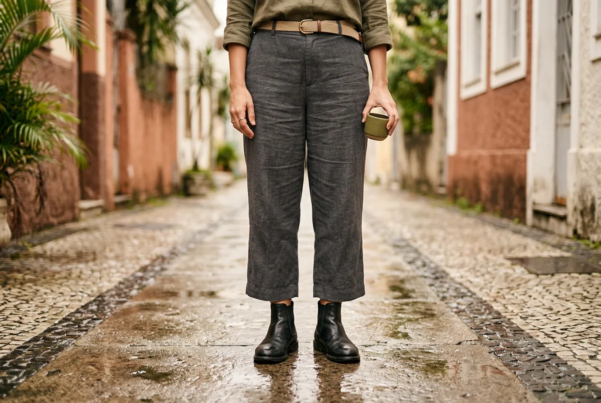 Pessoa da cintura para baixo usando calças cropped de perna larga cinza-escuro e chelsea boots de couro pretas, em uma calçada urbana molhada e reflexiva.