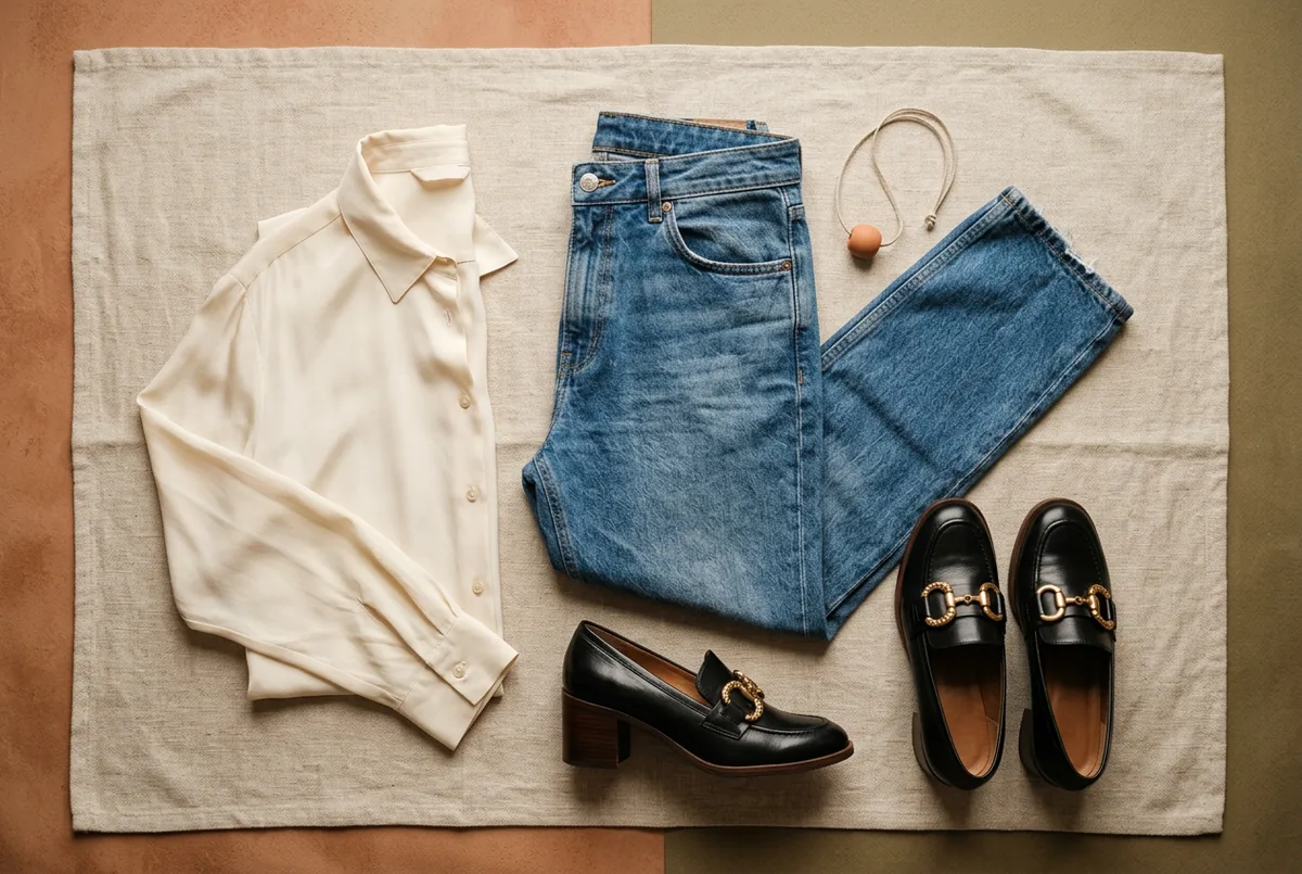 Mocassins pretos de salto com fivela dourada, um par de jeans de perna reta de lavagem média e uma blusa de seda cor creme em um fundo neutro.
