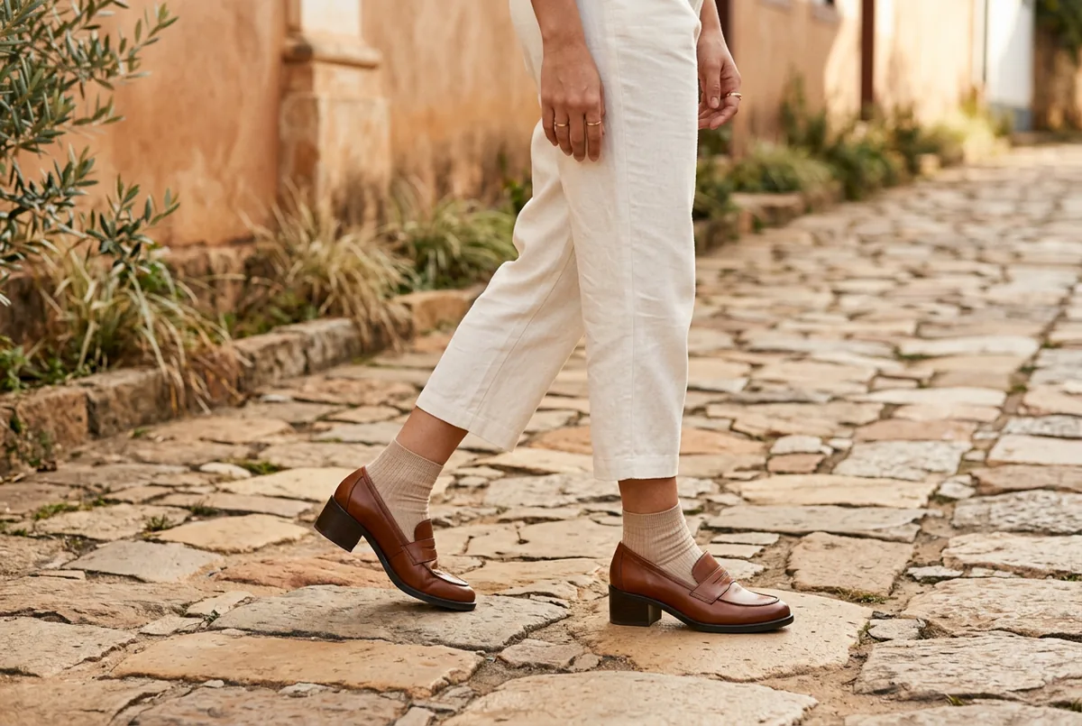 Detalhe das pernas de uma pessoa com calças cropped creme e mocassins marrons de salto, caminhando em uma rua de paralelepípedos.