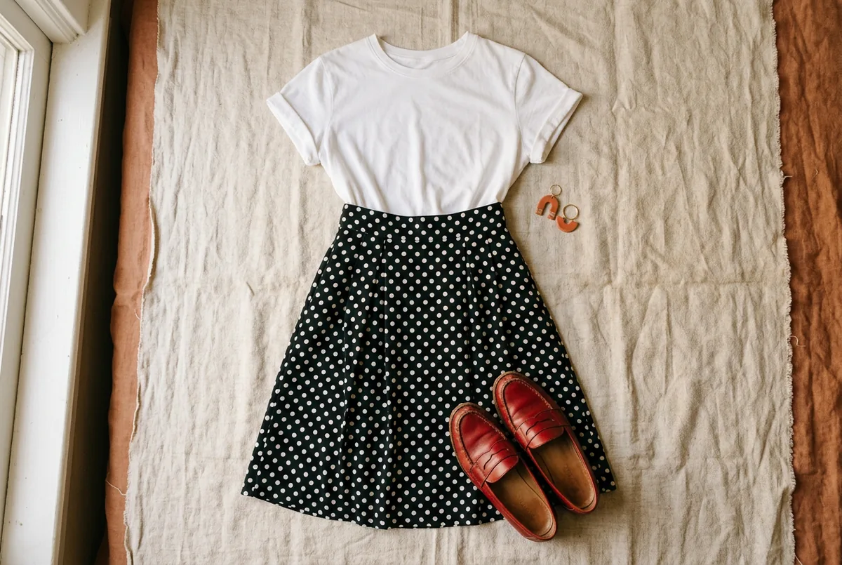 Disposição plana de uma saia midi de poá preta e branca, uma camiseta simples de algodão branca e mocassins de couro vermelhos em um fundo neutro.