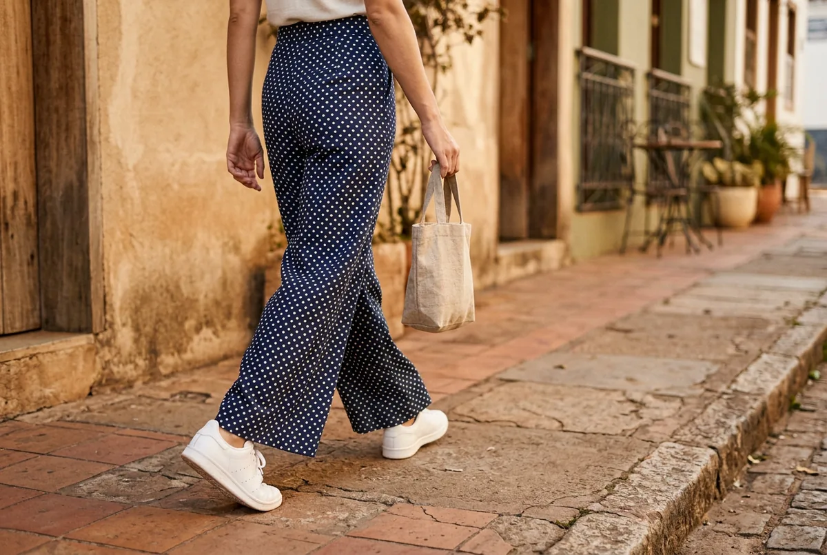 Pessoa fotografada da cintura para baixo, vestindo calças pantalona poá pequeno azul-marinho e branco e tênis brancos, caminhando em uma calçada da cidade.