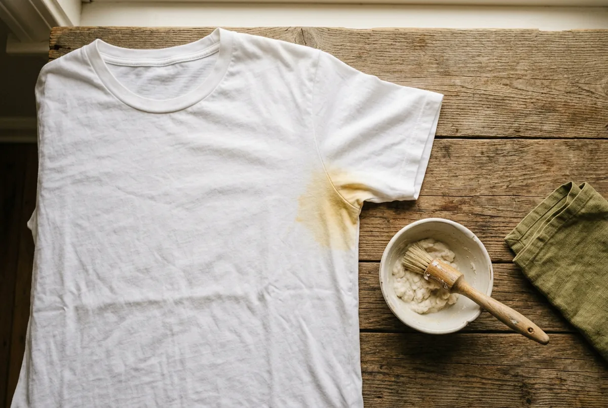 Vista superior de uma camiseta branca de algodão com uma mancha amarela na axila, uma tigela pequena com pasta de bicarbonato de sódio e uma escova macia sobre uma superfície de madeira.