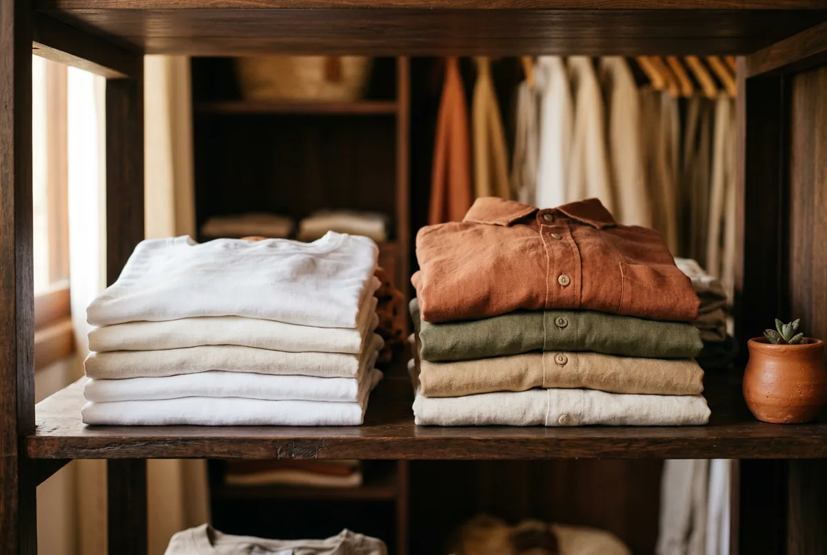 Camisetas e camisas brancas limpas, dobradas e organizadamente empilhadas em uma prateleira de madeira escura dentro de um armário.