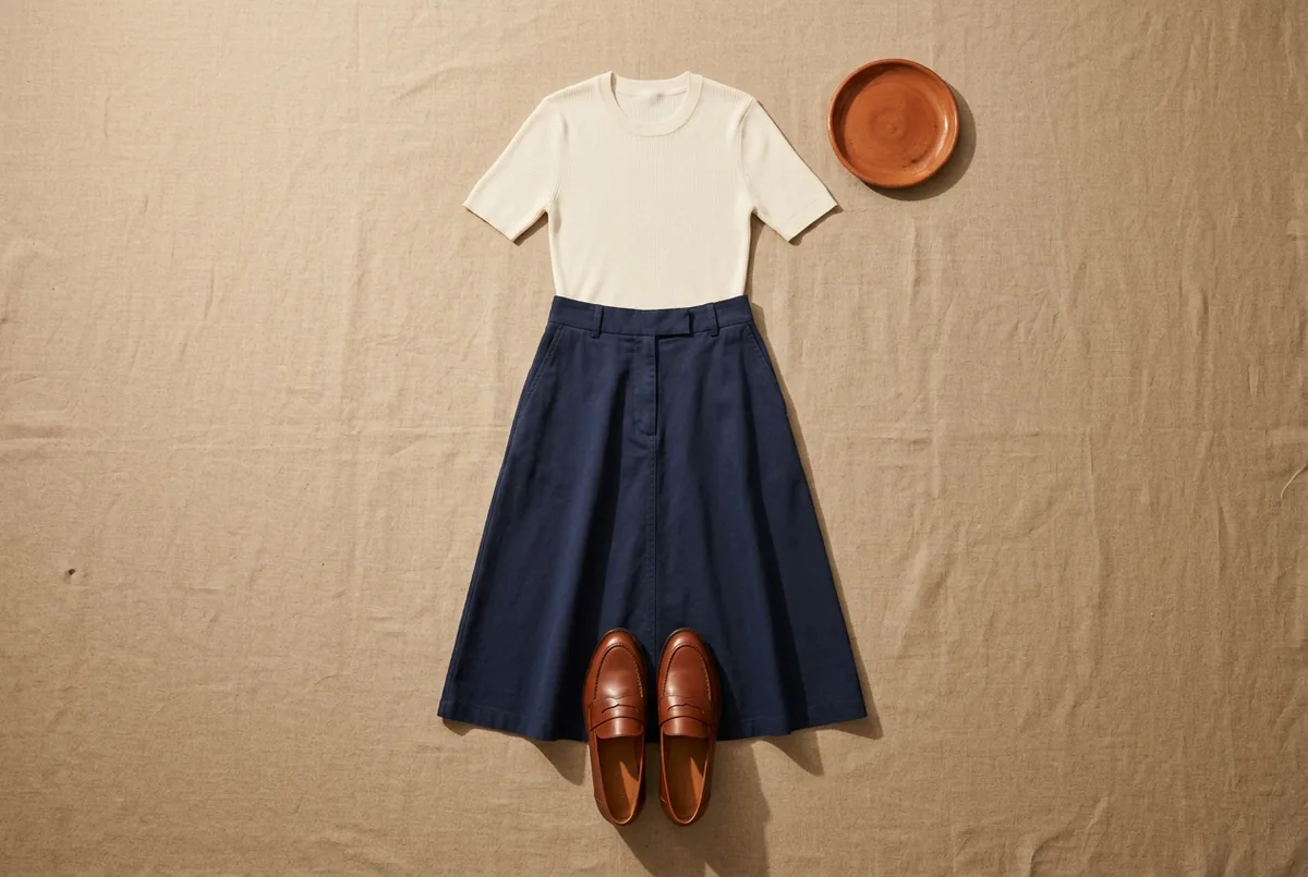Saia midi evasê azul marinho, blusa de tricô branca justa de manga curta e mocassins de couro marrons em um fundo neutro.