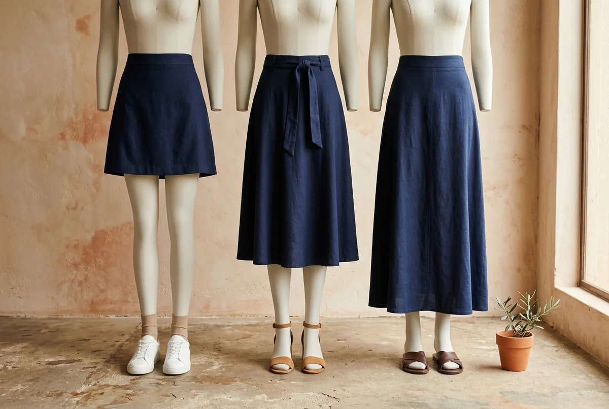 Três manequins, da cintura para baixo, cada um com uma saia evasê azul marinho de comprimento diferente: mini com tênis brancos, midi com sandálias de salto bloco cor caramelo e longa com slides de co