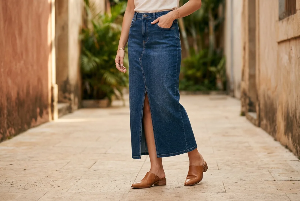 Pessoa da cintura para baixo, usando saia jeans longa reta de lavagem escura com fenda frontal e mules de couro caramelo de bico fino, em pé em uma calçada clara.
