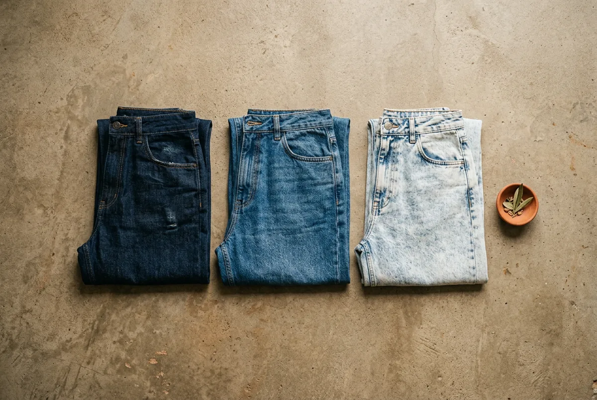 Disposição plana de três saias jeans longas em diferentes lavagens: índigo escuro, azul clássico médio e lavagem ácida clara, dobradas sobre um fundo de concreto neutro.