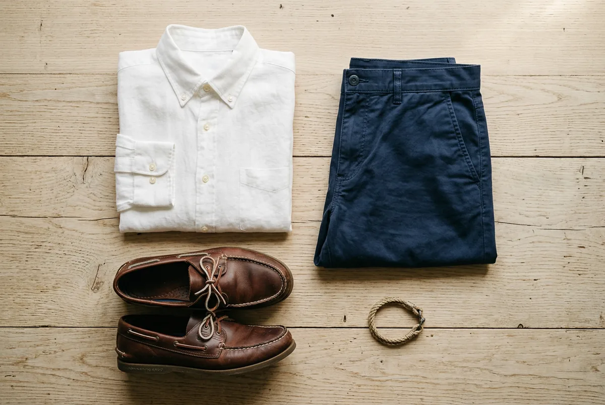 Um par de sapatos náuticos de couro marrom, shorts chino azul-marinho e uma camisa de linho branca sobre um fundo de madeira claro.