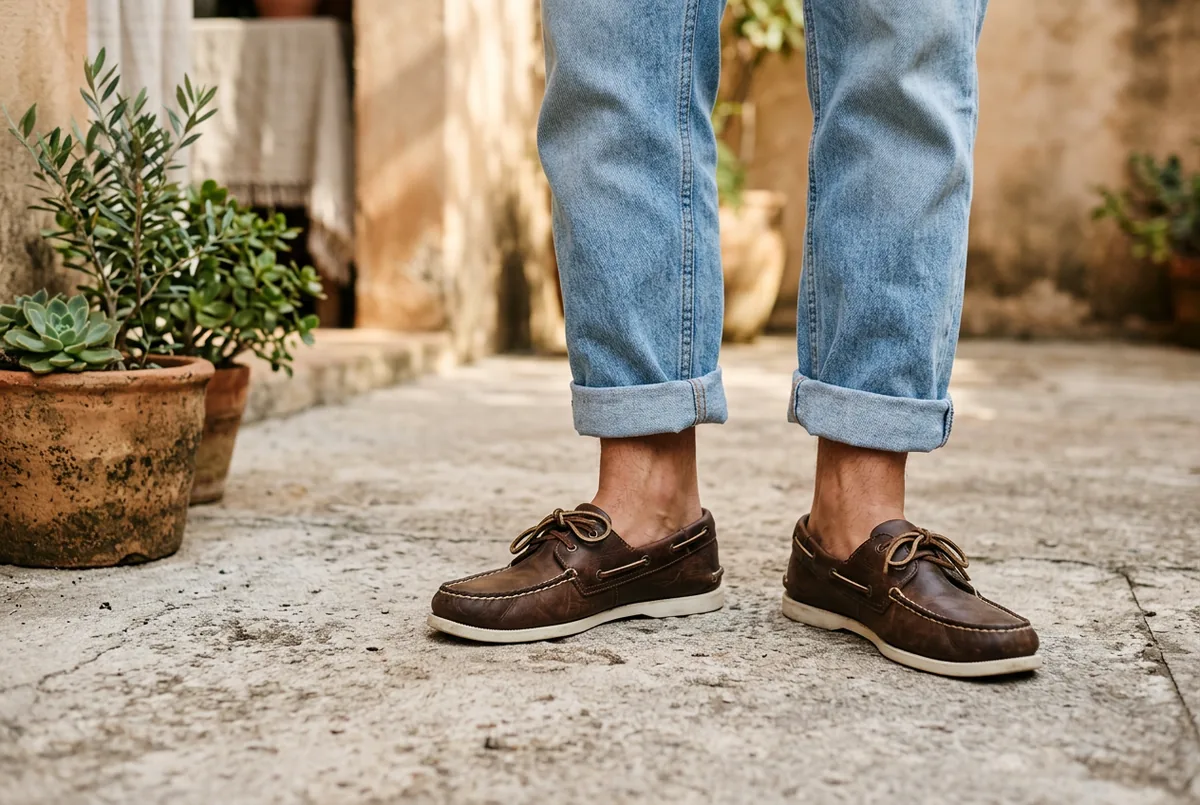 Pernas de uma pessoa usando jeans de lavagem clara com as barras dobradas e sapatos náuticos marrom-escuro, em pé sobre um pavimento cinza-claro.