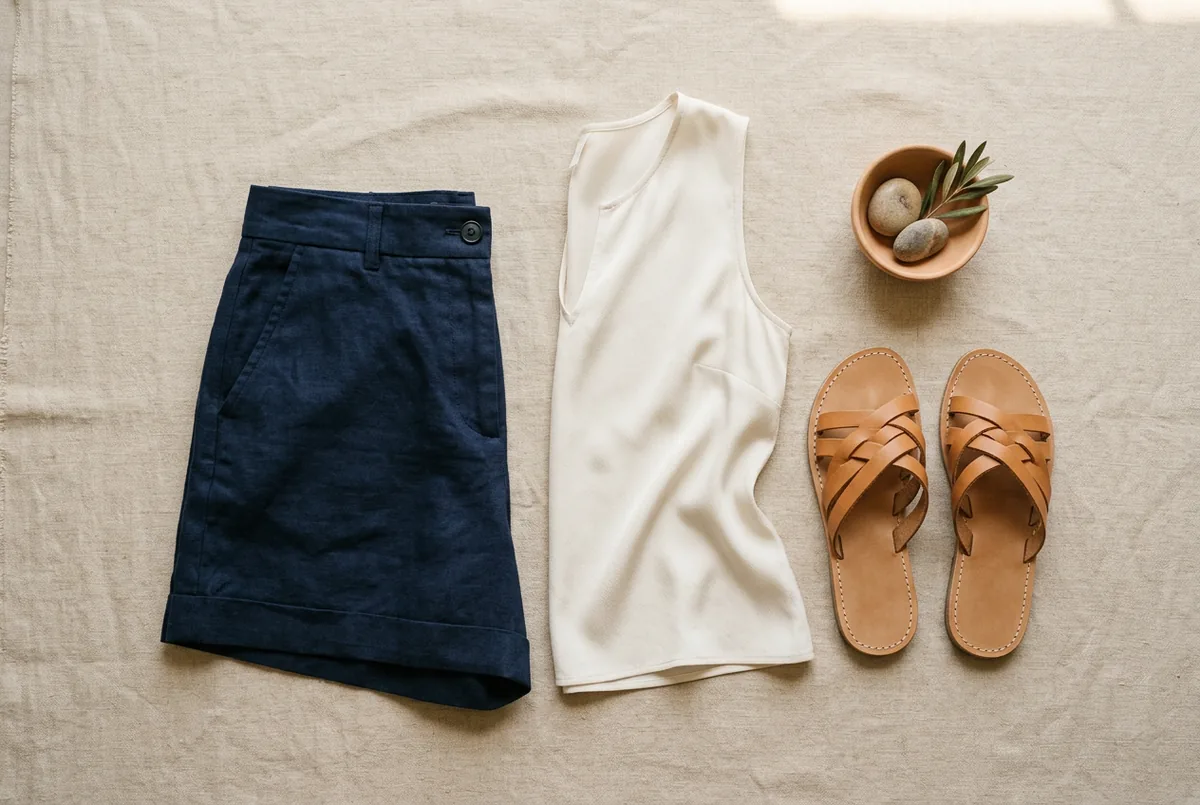 Shorts de alfaiataria azul marinho, um top sem mangas branco de mistura de seda e sandálias rasteiras de couro caramelo sobre um fundo neutro claro.