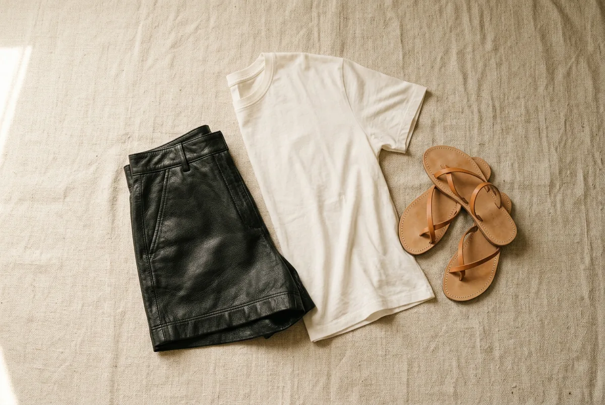 Shorts de couro pretos, camiseta de algodão branca solta e sandálias de couro rasteiras simples em um fundo neutro.