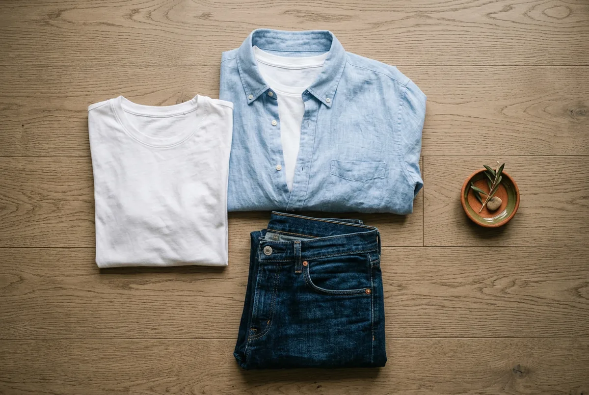 Disposição plana de uma t-shirt branca ajustada, uma camisa de linho azul claro aberta e um jeans de lavagem escura sobre um fundo de madeira neutro.