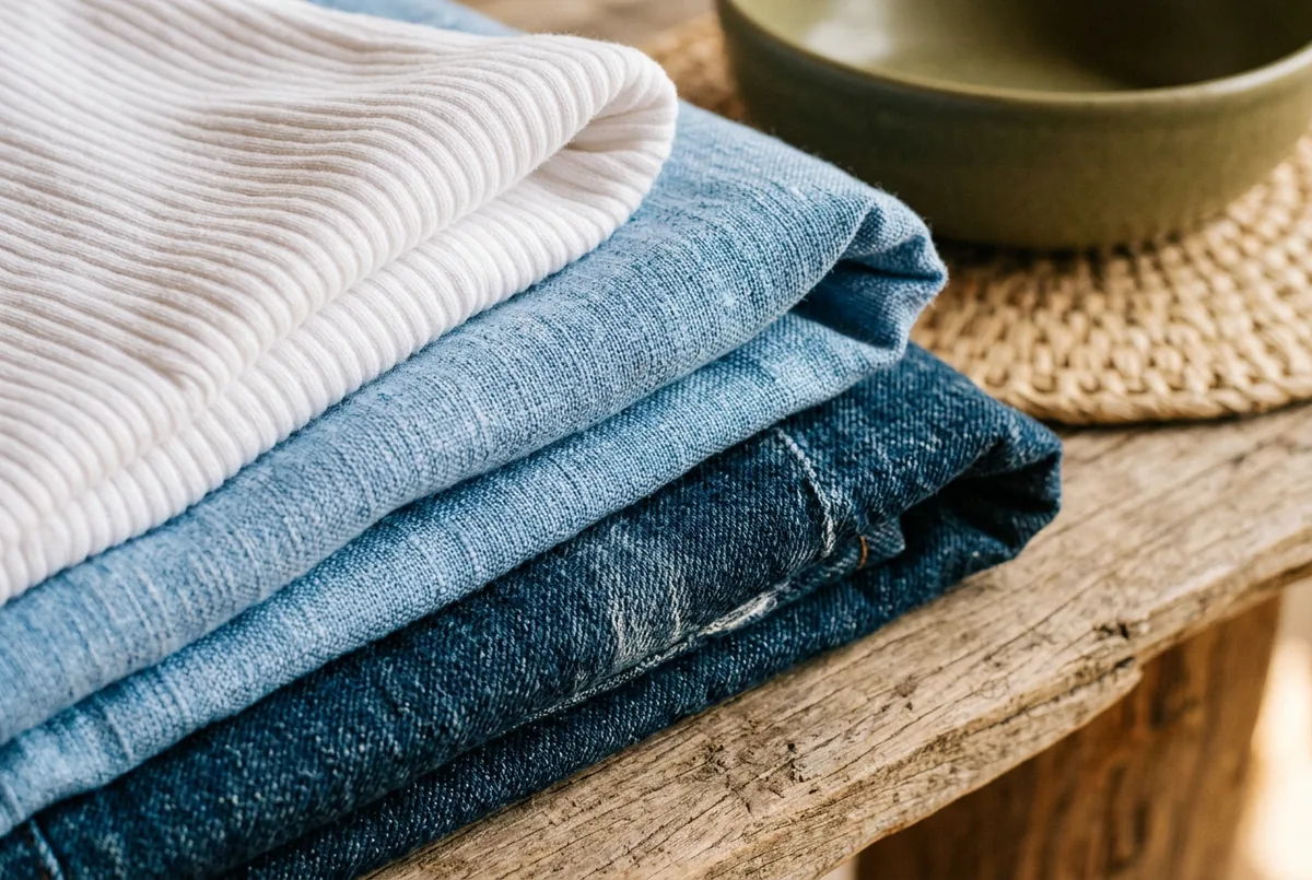 Close-up de diferentes texturas de tecido em camadas: malha canelada de algodão branca, trama de linho azul claro e denim escuro, dobrados juntos.