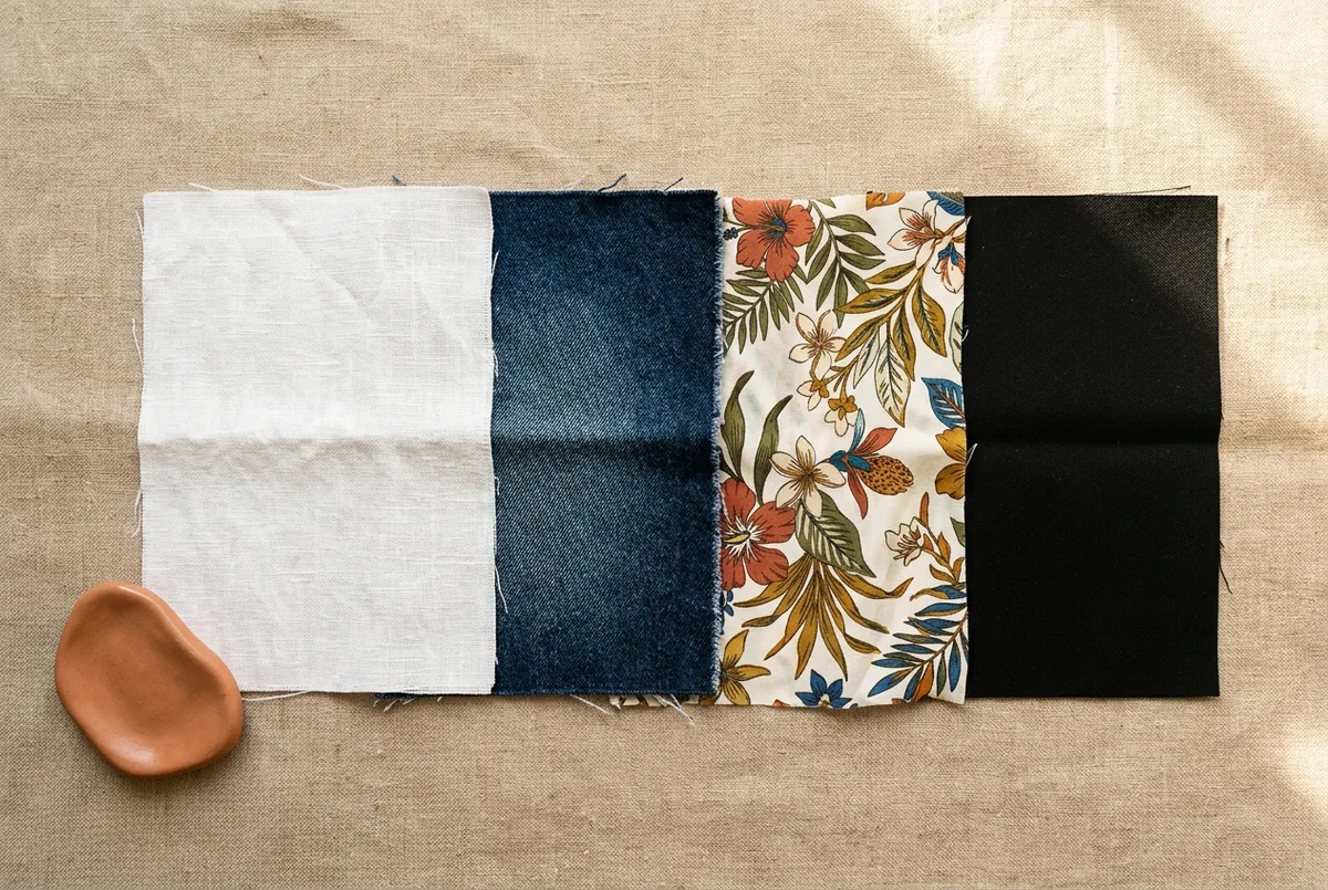 Disposição plana de quatro amostras de tecido diferentes lado a lado: um linho 100% branco nítido, um denim azul escuro, uma viscose floral fluida e um poliéster preto liso.