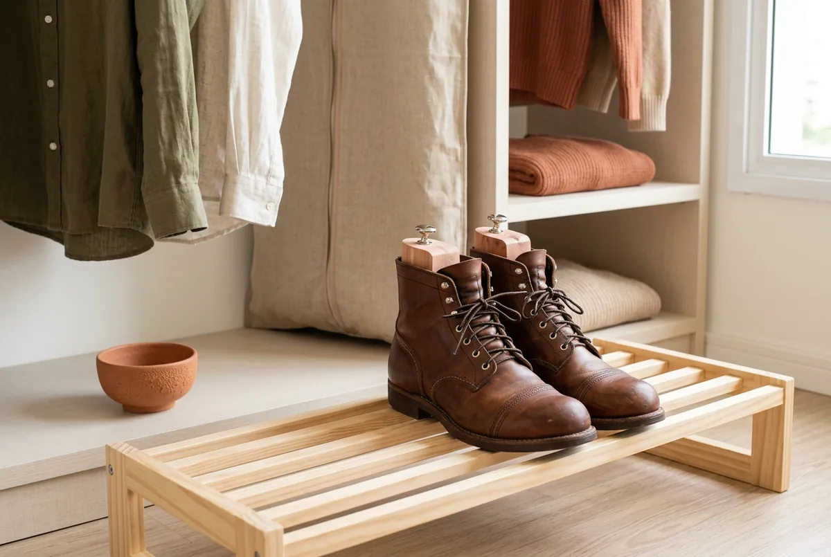Par de botas de couro marrom limpas com fôrmas de cedro dentro, dispostas em uma sapateira de ripas em um closet bem iluminado.