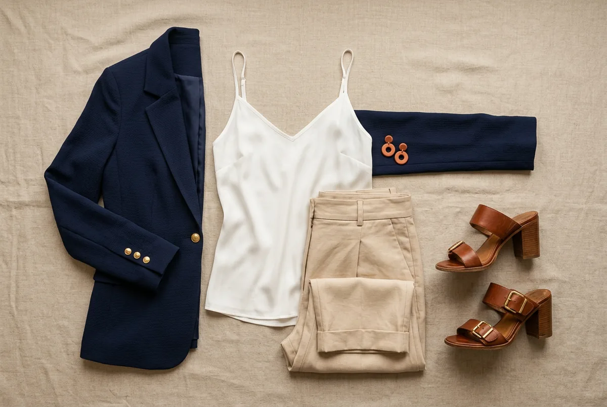 Blazer de crepe azul marinho, camisole de seda branca, calça de alfaiataria bege e sandálias de couro marrom com salto bloco em um fundo neutro.