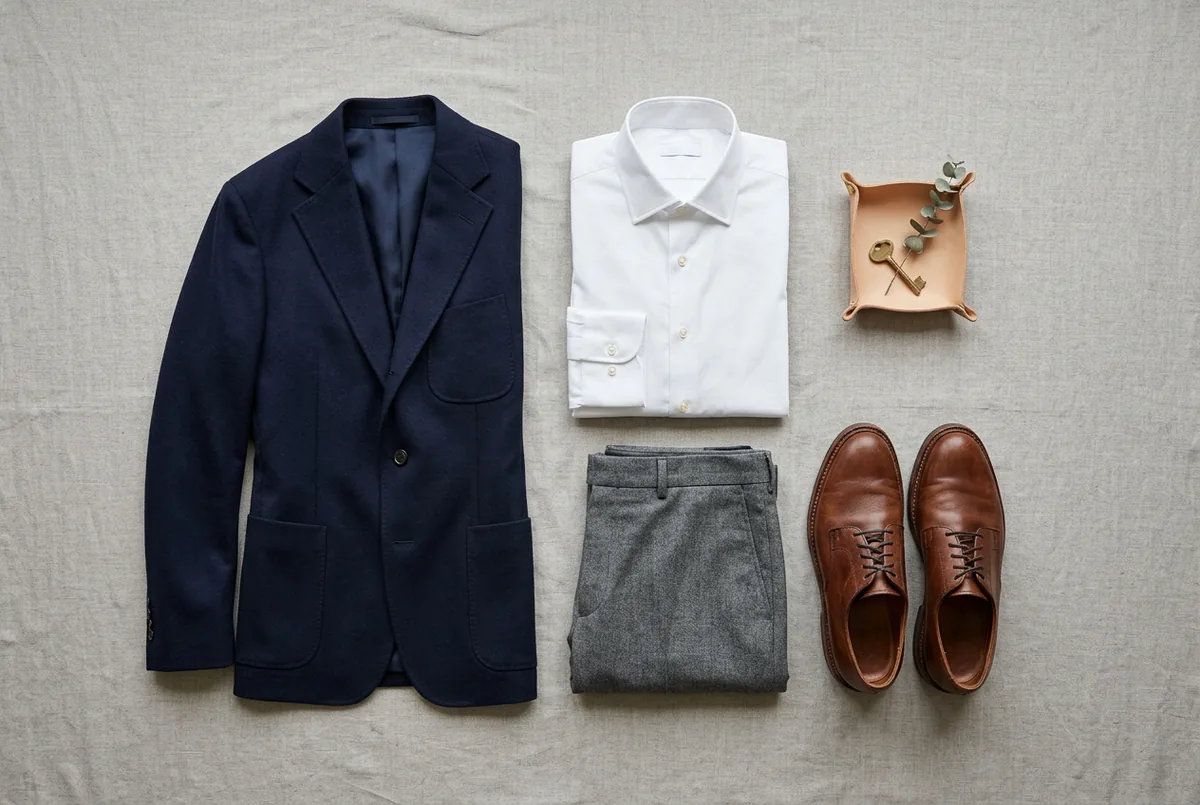 Disposição plana de um blazer azul marinho, uma camisa de algodão branca impecável, calças de lã cinzas e sapatos derby de couro marrons sobre um fundo cinza claro neutro.