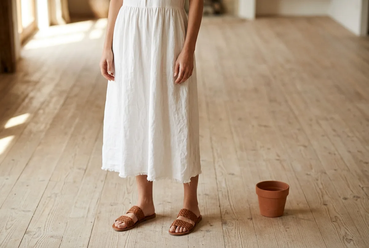 Pessoa da cintura para baixo, com vestido chemise de linho branco midi e sandálias slide rasteiras de couro marrom, sobre piso de madeira claro.