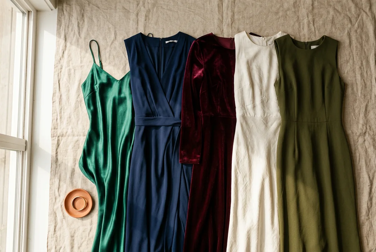 Disposição plana de vários vestidos formais em diferentes tecidos como seda, crepe e veludo, em tons joia e cores neutras, sobre um fundo neutro.