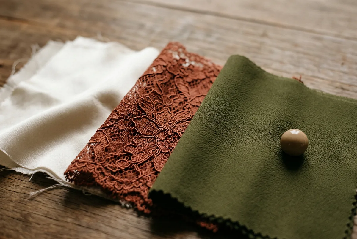 Mão de uma pessoa deslizando sobre amostras de tecido para vestidos formais, mostrando texturas de seda, renda e crepe.