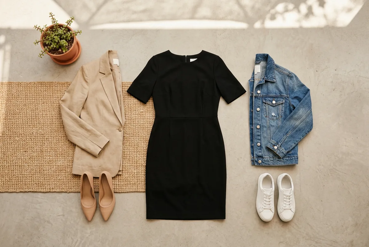 Flat lay de um vestido tubinho preto clássico com três looks em fundo cinza claro: blazer bege e scarpins nude (esquerda) e jaqueta jeans azul com tênis de couro branco (direita), mostrando sua versat