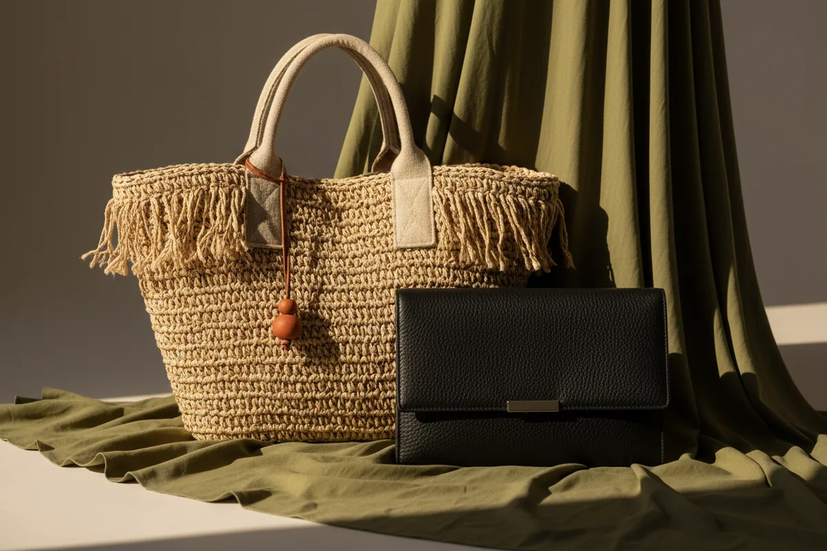 Mãos segurando uma tote bag de palha e uma clutch bag de couro preta lado a lado, contra o fundo de um vestido de viscose verde.