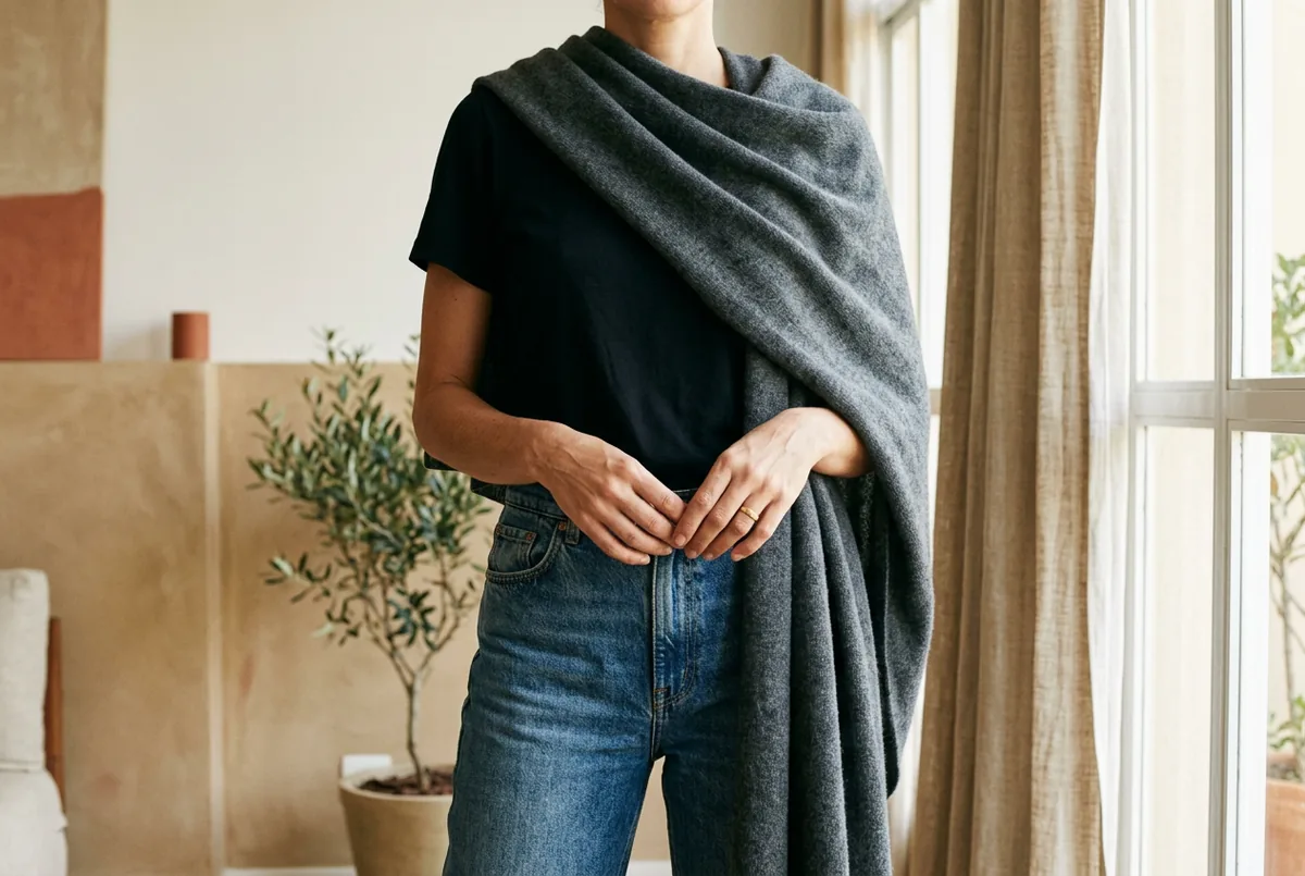 Pessoa fotografada dos ombros para baixo vestindo uma camiseta preta simples e jeans, com um xale grande e macio de cashmere cinza drapeado assimetricamente sobre um ombro.