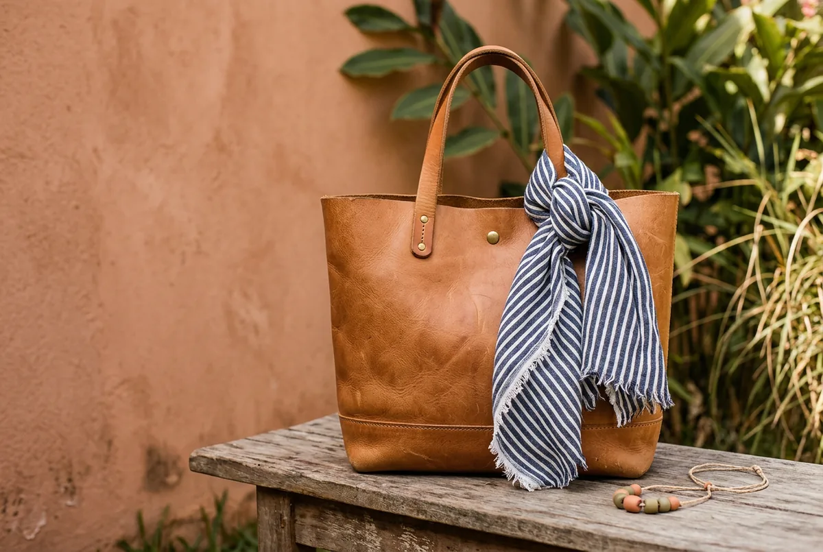 Detalhe de uma bolsa tote de couro castanho claro com um xale de linho listrado azul marinho e branco amarrado à sua alça.