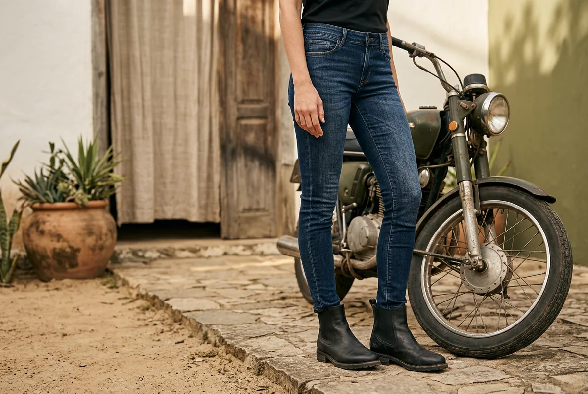 Pessoa fotografada da cintura para baixo, vestindo jeans skinny de lavagem escura e ankle boots de couro preto, em pé ao lado de uma motocicleta.