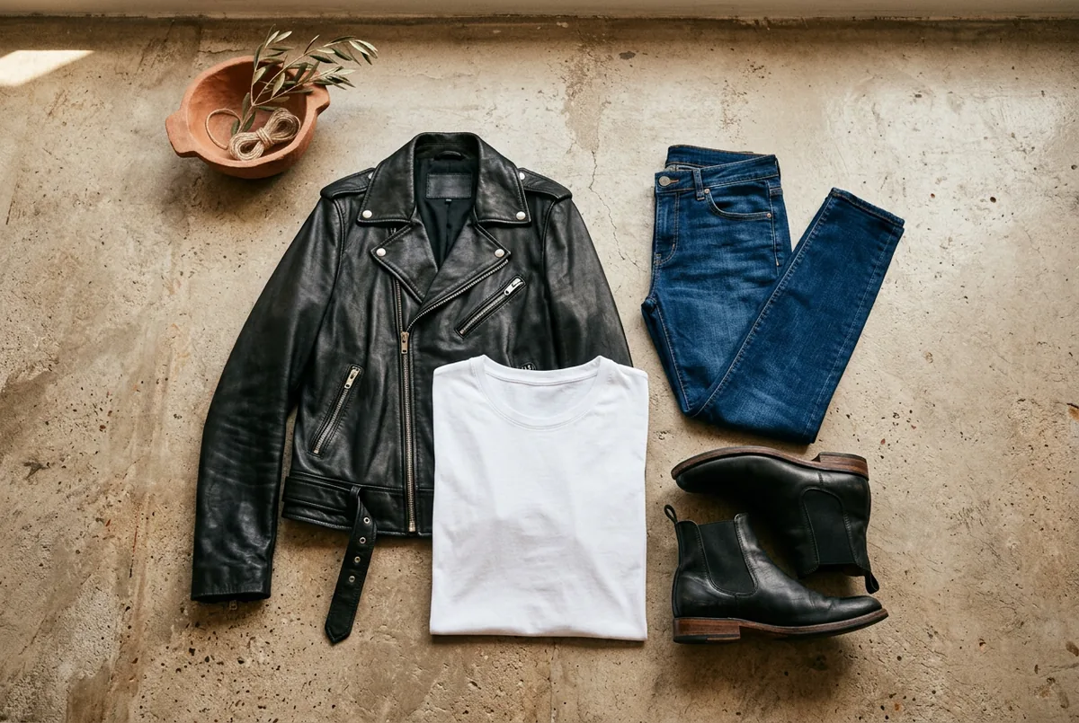 Jaqueta de couro preta, jeans skinny azul escuro, camiseta de algodão branca e botas de cano curto de couro pretas em piso de concreto neutro.
