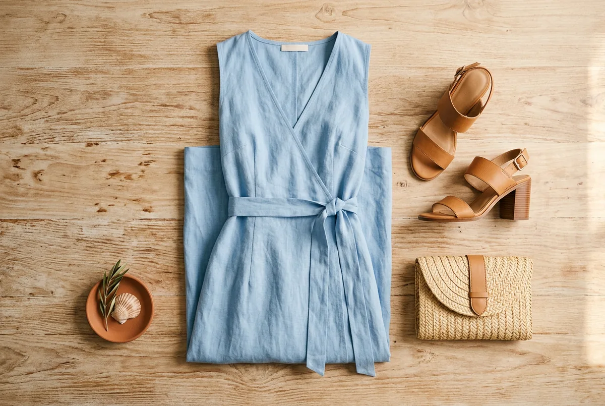 Vista superior de um vestido envelope midi azul claro, sandálias de salto bloco bege e uma clutch pequena de palha sobre um fundo de madeira clara neutra.