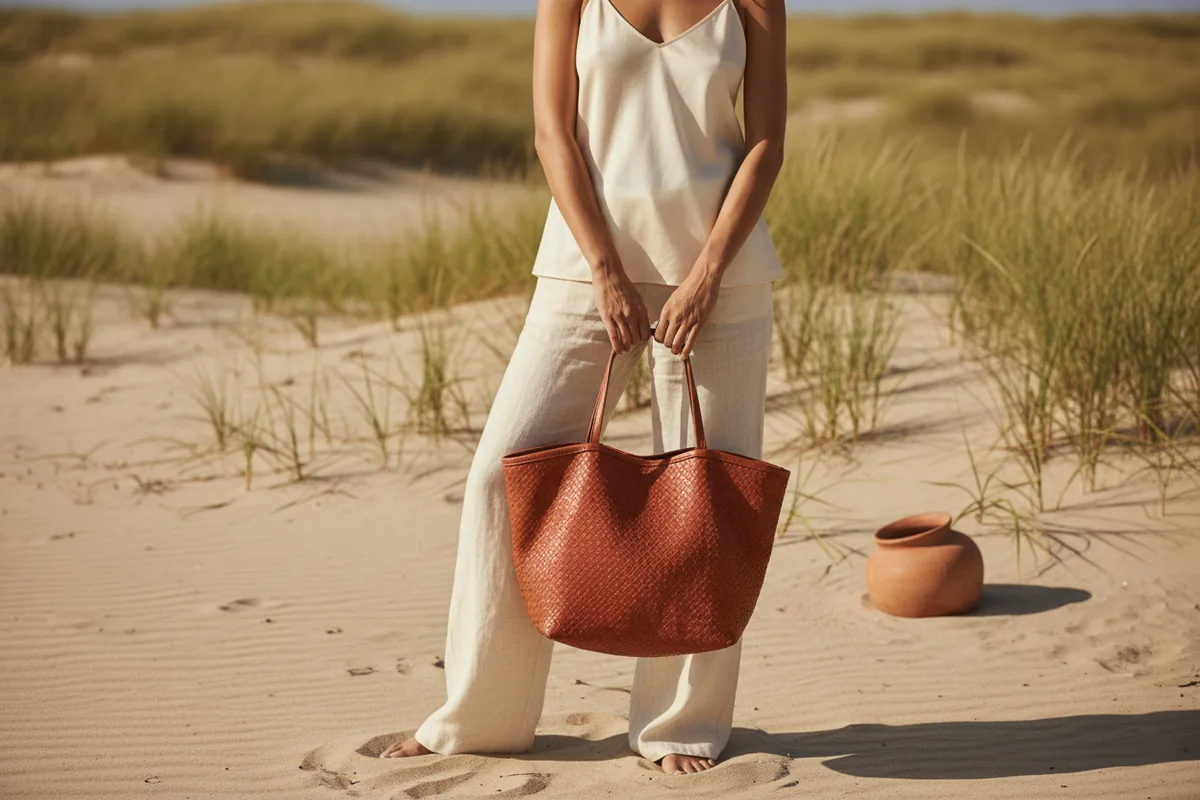 Pessoa com calça de linho de perna larga cor creme e camisola de seda, segurando bolsa de couro trançada.